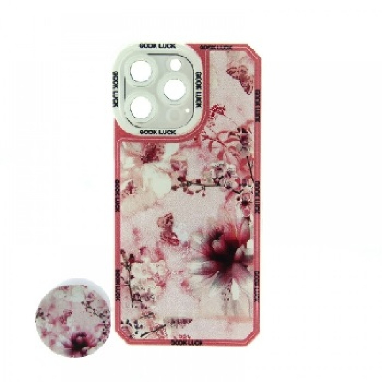 iPhone 14 Pro Max Θήκη Σιλικόνης Airbag με Προστασία Κάμερας and Pop Socket - Flower Pink