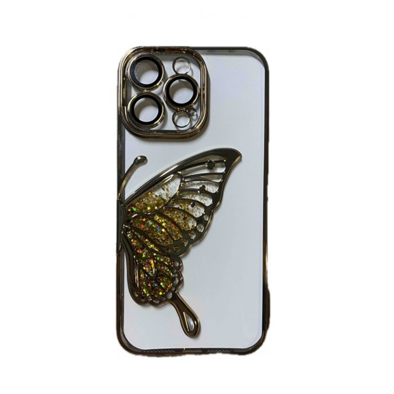 iPhone 14 Pro Glitter Case Butterfly - Θήκη Σιλικόνης με Προστασία Κάμερας Gold