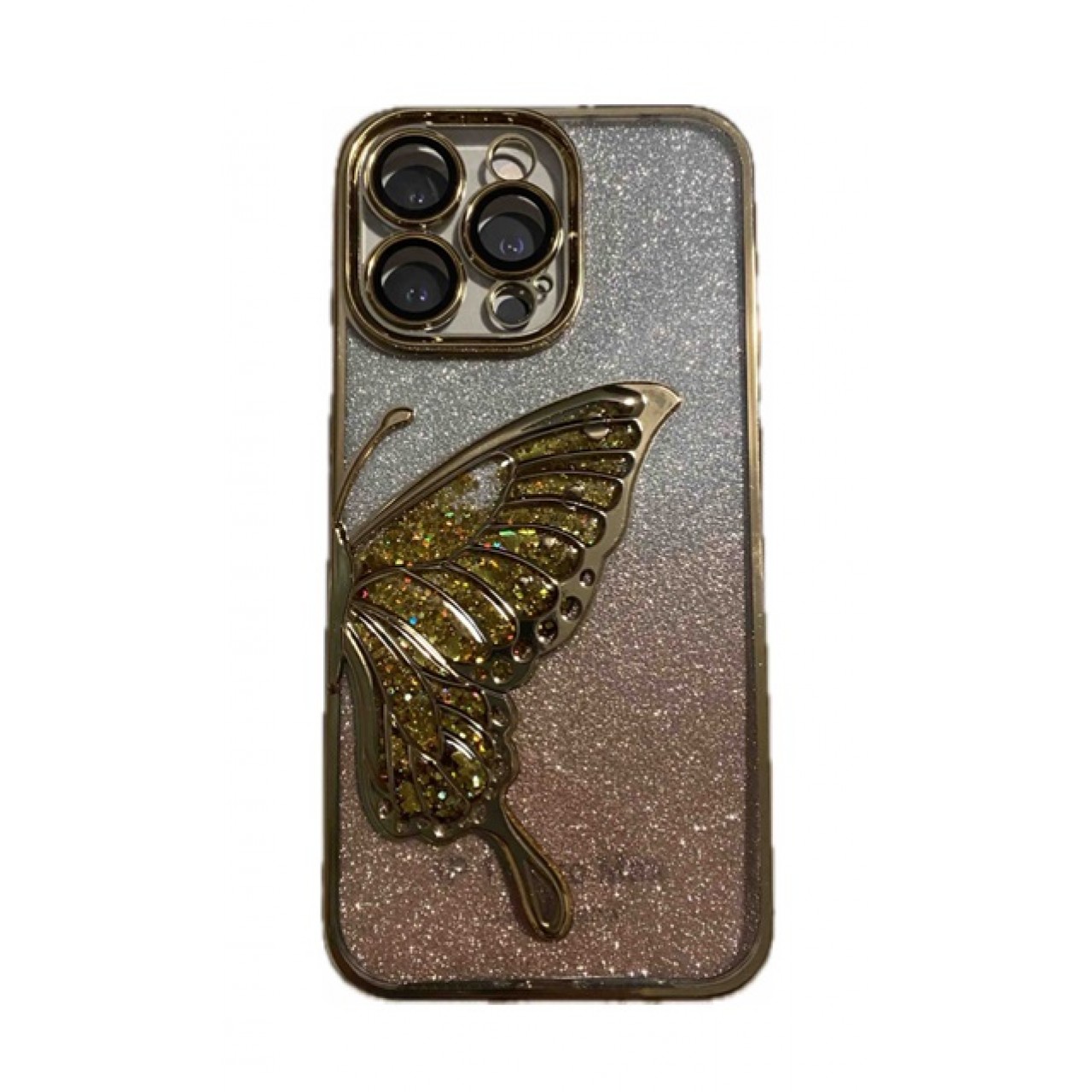 iPhone 14 Pro Glitter Case Butterfly - Θήκη Σιλικόνης με Προστασία Κάμερας Gold