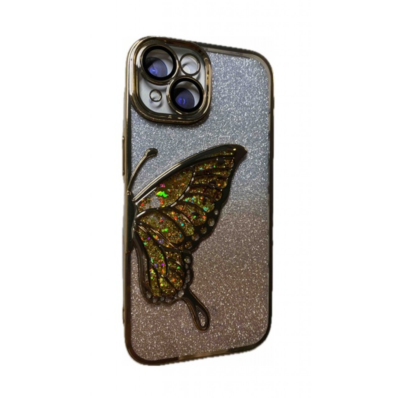 iPhone 14 Glitter Case Butterfly - Θήκη Σιλικόνης με Προστασία Κάμερας Gold