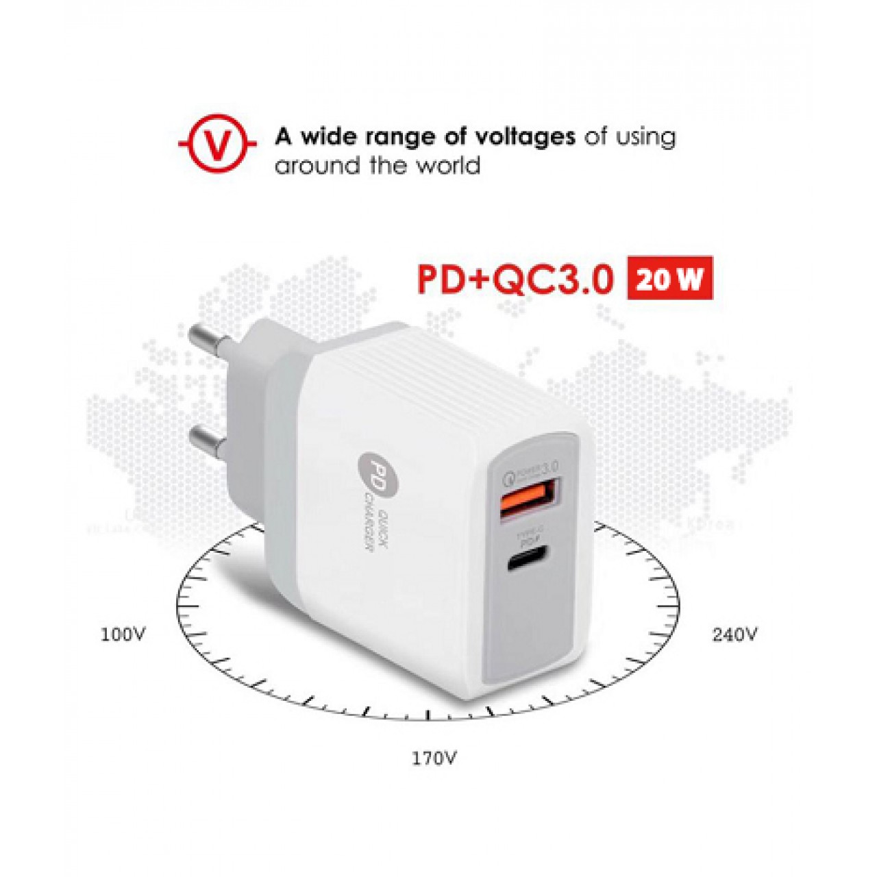Φορτιστής Οικιακός Xnous QC20 USB 3 - PD 20W Λευκός